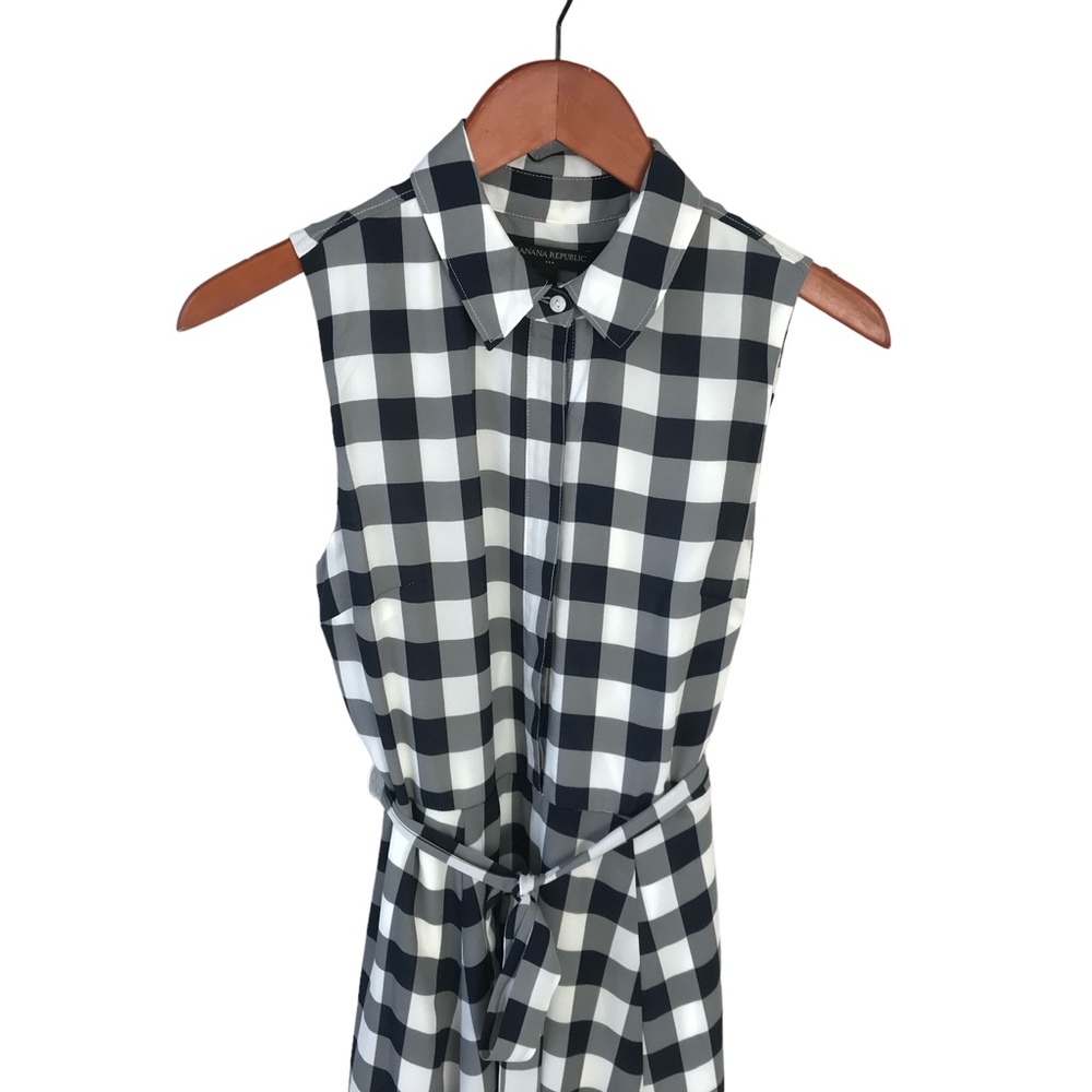 Gingham Plaid Polyester Banana Republic Navy Blue Sleeveless Belt Collared Dress - Picture 6 of 8